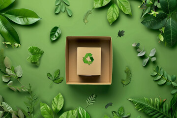 a green recycle symbol imprinted on box with green leaves, representing eco-friendly and sustainable food choices in line with the zero waste lifestyle movement