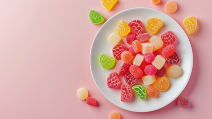 Colorful pastel sweets on plate with pink background