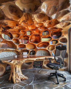 wehnoos Interior of a modern library with wooden bookshelves and chair