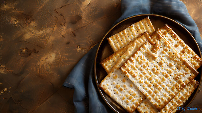 Jewish matzah bread placed on a wooden background with copy space, Passover holiday celebration concept, Background for the traditional Jewish holiday Pesach