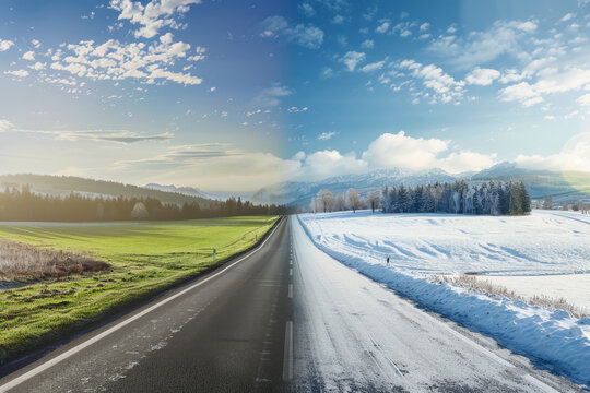 Illustrating the changing seasons in one image of a road captures the transition from snowy winter to blooming spring, reflecting the transformative beauty of nature.
