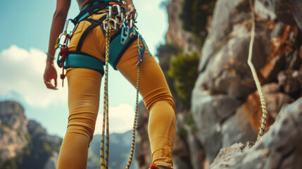 A close-up of a sporty, slim woman equipped with a climbing harness, rope, and carabiner for security, ascending a rock in the mountains.