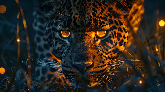 A leopards eyes glowing in the moonlight a stealthy predator on the prowl Photo style National Geographic