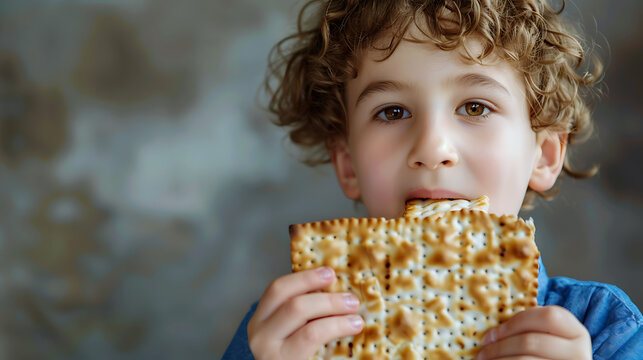 Close up of Caucasian Jewish boy holding in his hands and taking a bite from a traditional Jewish matzo unleavened bread, Passover holiday celebration concept