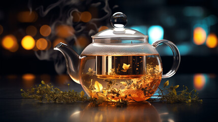 herbal tea cultural transparent teapot close up background ai visual concept - obrazy, fototapety, plakaty
