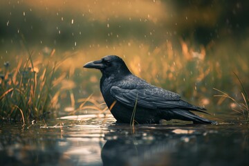 A crow preparing to drink water.background, 