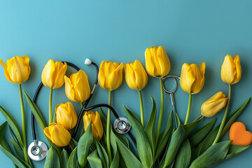 Obraz premium stethoscope and yellow tulips. World Health Day