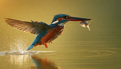 Grace in Flight: The Kingfisher's Majestic Ascent from the Water, Adorned in Sunlit Splendor with Prey in Tow"