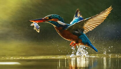 Grace in Flight: The Kingfisher's Majestic Ascent from the Water, Adorned in Sunlit Splendor with Prey in Tow"