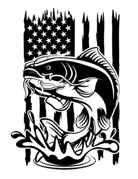 US Cat Fish | Fisherman | Aquatic Animal | Lake Fishing | Marine Life | American Flag | Original Illustration | Vector and Clipart | Cutfile and Stencil
