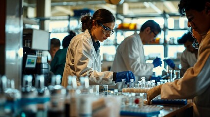 Laboratory scientist technician team hard at work testing medication, cures, drugs, virus, medical research, graduate students working together 