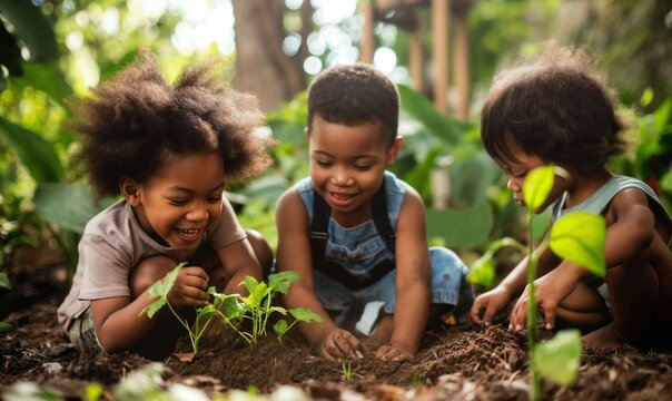 Young Children Playing In The Dirt Learning To Grow In A Garden, Diverse Brown Black Latino Children Planting Seedlings In A Veggie Patch