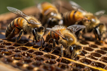 The queen bee marked with a dot surrounded by her worker bees, depicting the bustling life within a bee colony.