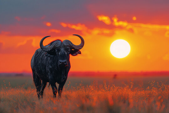 Buffalo silhouette against an African sunset