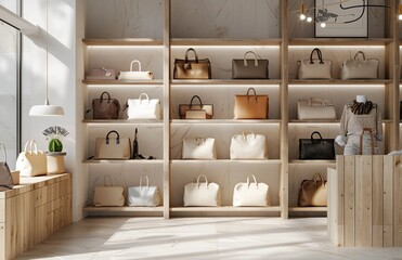 Luxury brand store for women's summer handbags, handbags stand on stillages made in a woody Loft style, the whole store is bright, there is illumination on the shelves, light cream shades prevail - obrazy, fototapety, plakaty