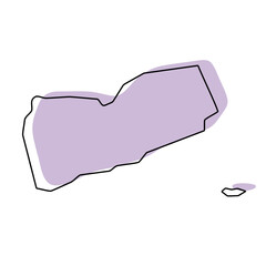 Yemen country simplified map. Violet silhouette with thin black smooth contour outline isolated on white background. Simple vector icon