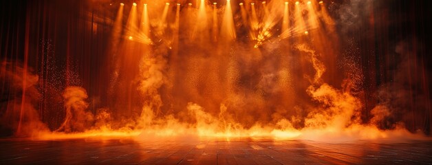 Fototapeta premium Theater stage light background with spotlight illuminated the stage for opera performance. Empty stage with warm ambiance colors, fog, smoke, backdrop decoration. Entertainment show