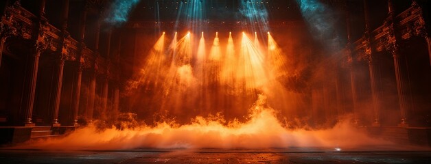 Theater stage light background with spotlight illuminated the stage for opera performance. Empty stage with warm ambiance colors, fog, smoke, backdrop decoration. Entertainment show