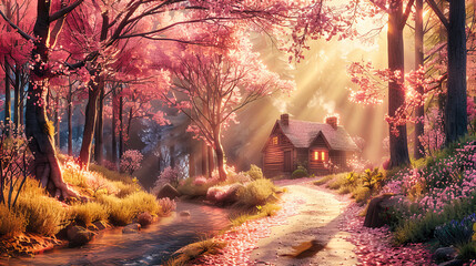 Mystical forest landscape with fantasy elements, showcasing a fairy-tale house amidst vibrant green trees and magical lighting
