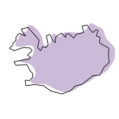 Iceland country simplified map. Violet silhouette with thin black smooth contour outline isolated on white background. Simple vector icon