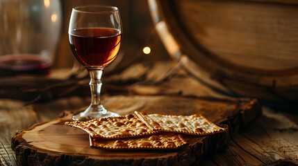 Closeup of Jewish Metzah bread on a wooden tray with wine, rustic background, copy space, Passover holiday concept