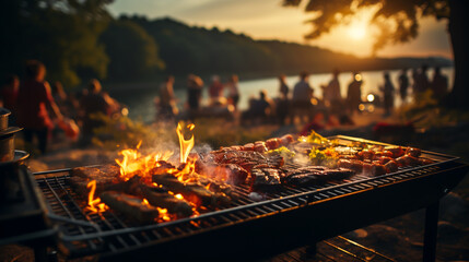 Outdoor grilling with friends In the atmosphere of rivers and natural forests