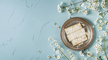 Top view of silver spraying matzah on the right side, adorned with delicate white flowers, blue background