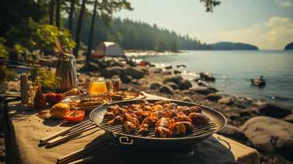 outdoor grilling Picnic with friends In the atmosphere of rivers and natural forests - obrazy, fototapety, plakaty