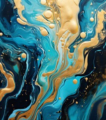  A HD camera captures the luminous beauty of gold and blue paint splashes as they converge and diverge in a digital abstract liquid composition. 