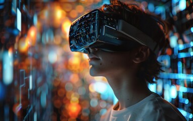 A woman wearing goggles is experiencing augmented reality.