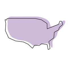 United States of America country simplified map. Violet silhouette with thin black smooth contour outline isolated on white background. Simple vector icon