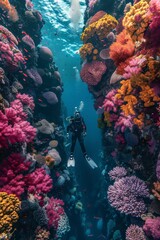 Obraz premium A man is diving in the ocean with a yellow and black scuba suit