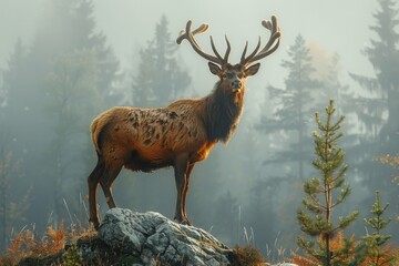 A deer stands on a rock in a forest