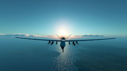 A military aircraft is flying over the ocean with the sun in the background