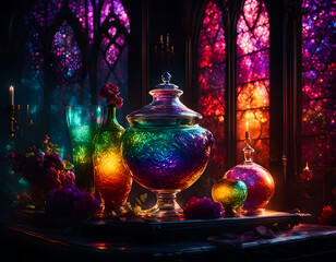 Beautiful, colorful glass still life. Edited AI generated image  - 765656798