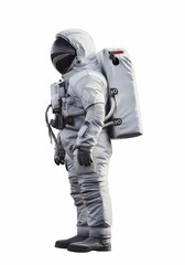 An astronaut clad in a space suit stands against a white background, evoking themes of exploration and discovery. - obrazy, fototapety, plakaty