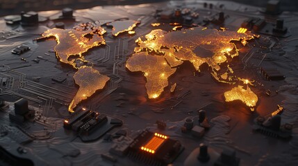 A glowing digital world map overlays a dark, intricate circuit board, symbolizing global...