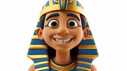 3D illustration of a cute and happy cartoon Egyptian pharaoh boy. He is wearing a traditional Egyptian headdress and a golden necklace.