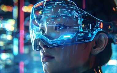 Woman wearing goggles to implement augmented reality.