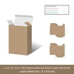 Tablate medicine box Size 6x2x10 cm dieline template, vector design