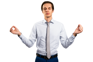 A young businessman in a shirt and tie meditating with eyes closed, isolated on a white background, conveying a concept of calmness