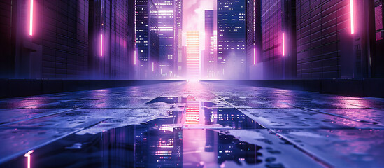 Neon Urban Cityscape, Futuristic Downtown Scene with Illuminated Buildings, Night Architecture and Technology Concept