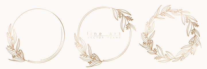 Obraz premium Botanical golden circle frame set. Hand drawn round line wreath, leaves and flowers for wedding invitation and cards, logo design, social media and posters template. Elegant minimal floral vector.