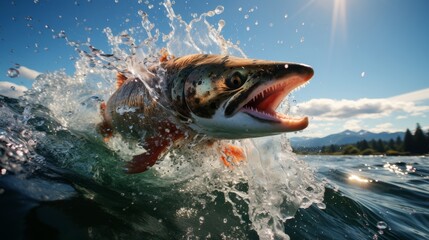 a rainbow trout leaping out of the water to catch its prey, creating a spectacular splash