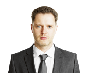 Closeup portrait of a serious young businessman in a suit, isolated on a white background, clean and professional design element