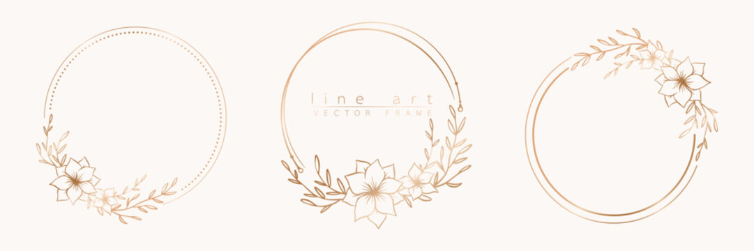Botanical golden circle frame set. Hand drawn round line wreath, leaves and flowers for wedding invitation and cards, logo design, social media and posters template. Elegant minimal floral vector.