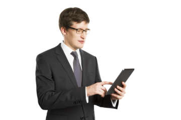 A businessman in a suit using a digital tablet, isolated on a white background, depicting modern technology in a work context