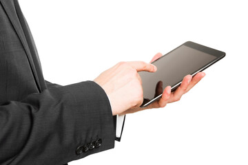 A closeup of a businessman holding a tablet, isolated on a white background, demonstrating modern technology in a business setting