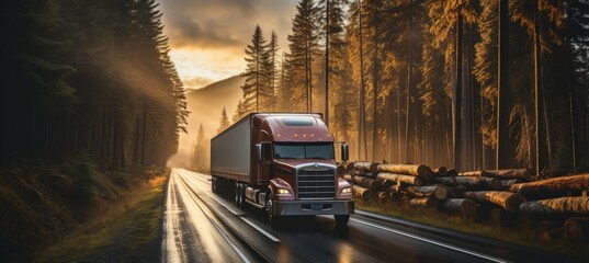 a trailer truck carrying a substantial stack of wooden logs, with the focus on the impressive load secured on the vehicle - obrazy, fototapety, plakaty