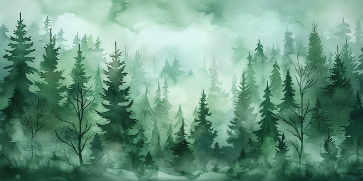 watercolor misty forest with fog in the mountains, Misty landscape with fir forest in hipster vintage retro style. dark green Misty landscape with fir forest banner © Nice Seven